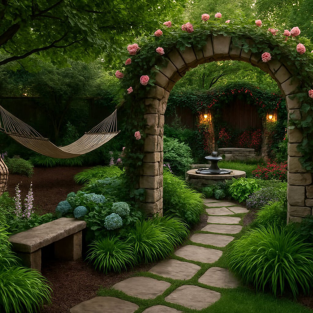 A tranquil garden with a stone path, hammock, archway with roses, and a central fountain.