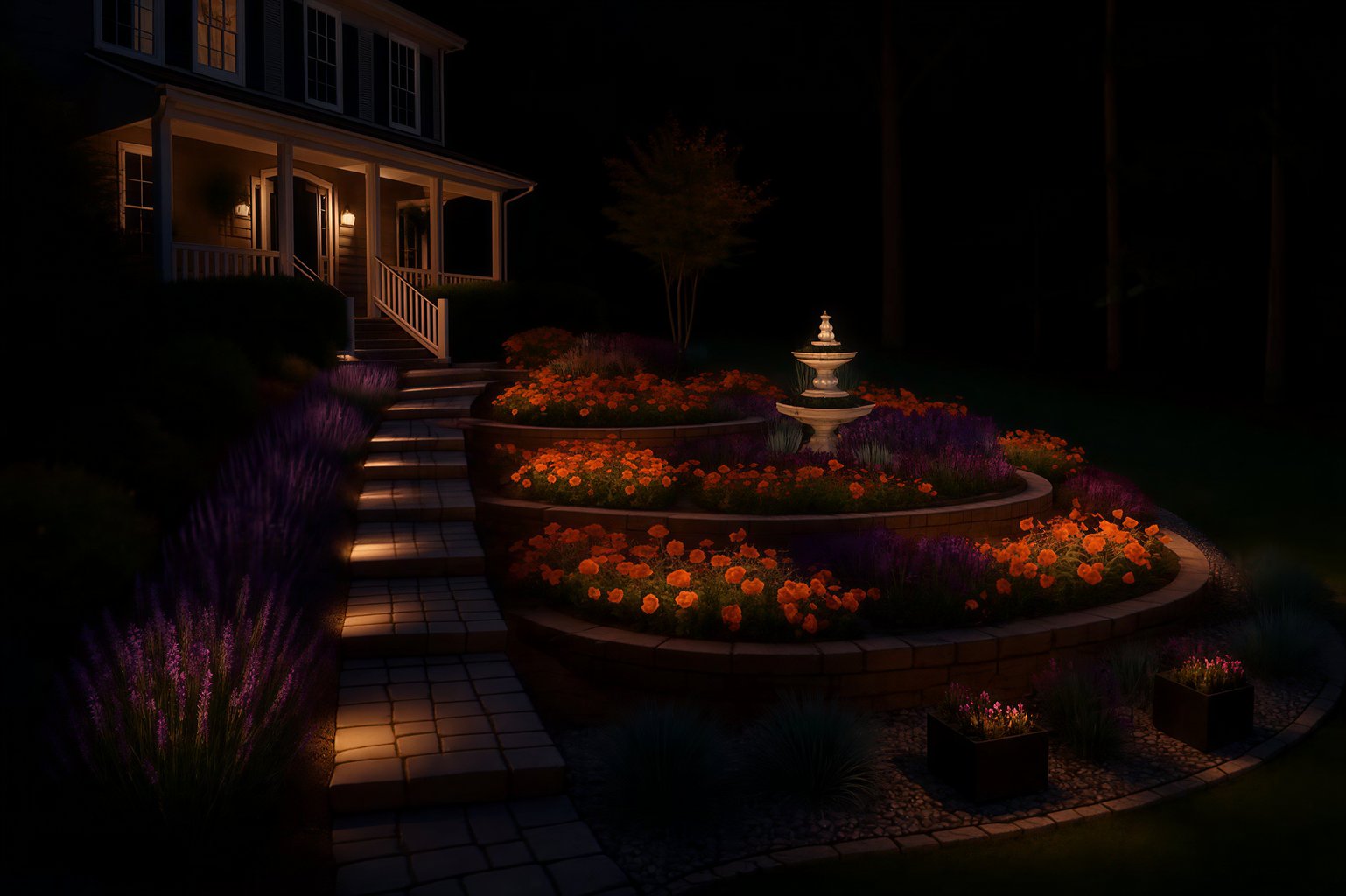 Charming nighttime garden with glowing pathway lights, flowerbeds, and a central fountain leading to a cozy porch.