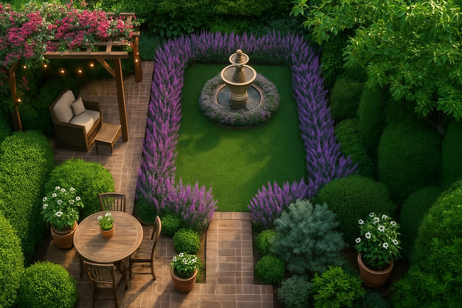 Elegant garden with a central fountain, bordered by lavender bushes, and a patio with seating under a wooden trellis.