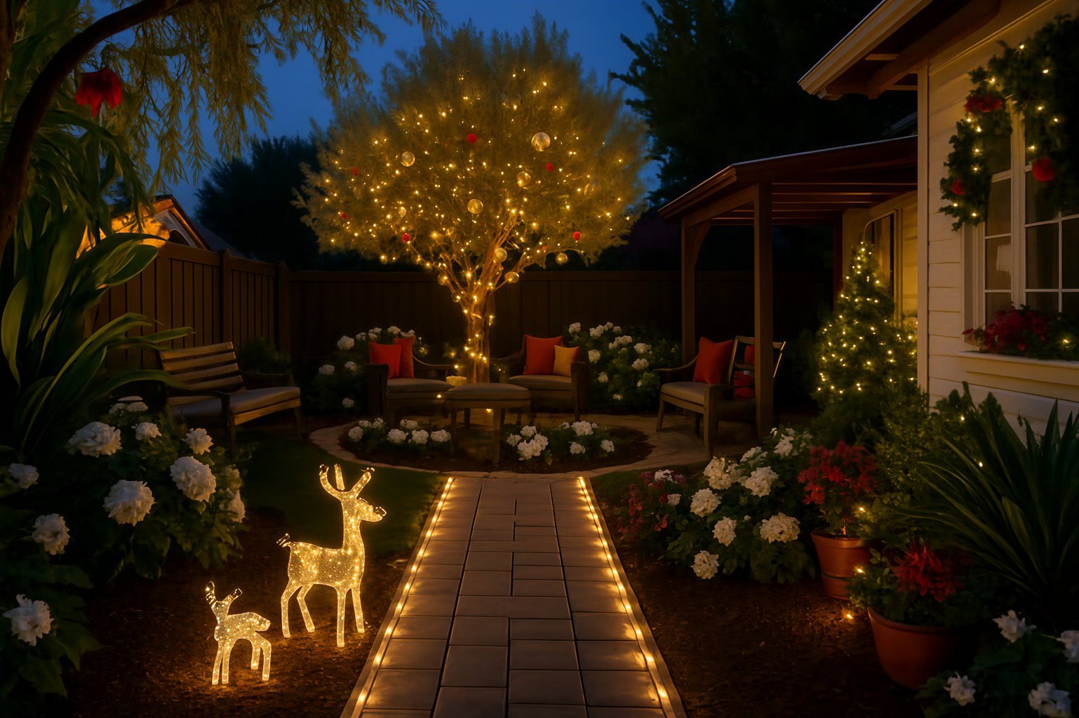 A cozy backyard featuring glowing reindeer decorations, tree lights, and festive garden seating at dusk.