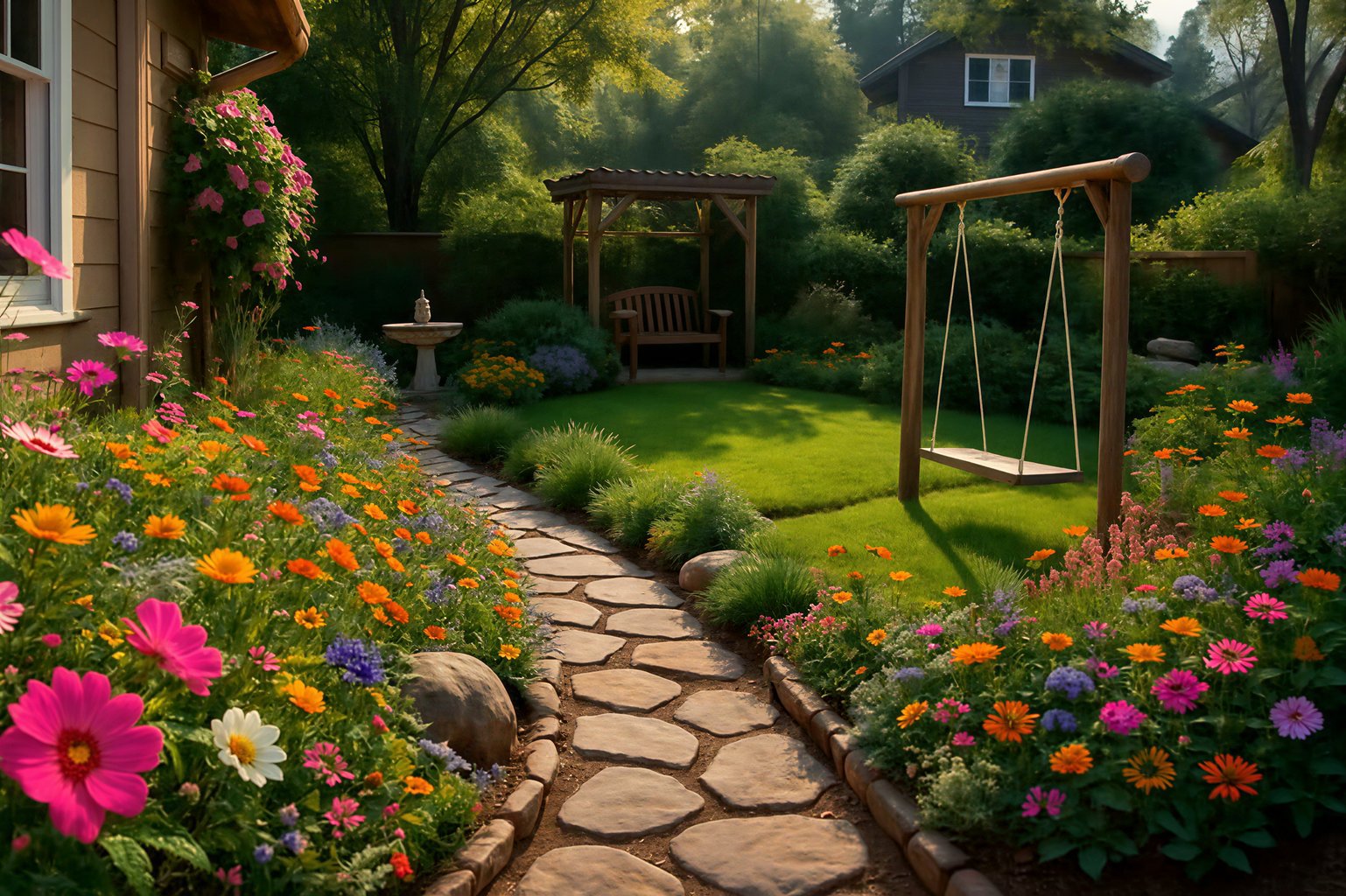 A serene garden with vibrant flowers, stone path, wooden swing, and gazebo under dappled sunlight.