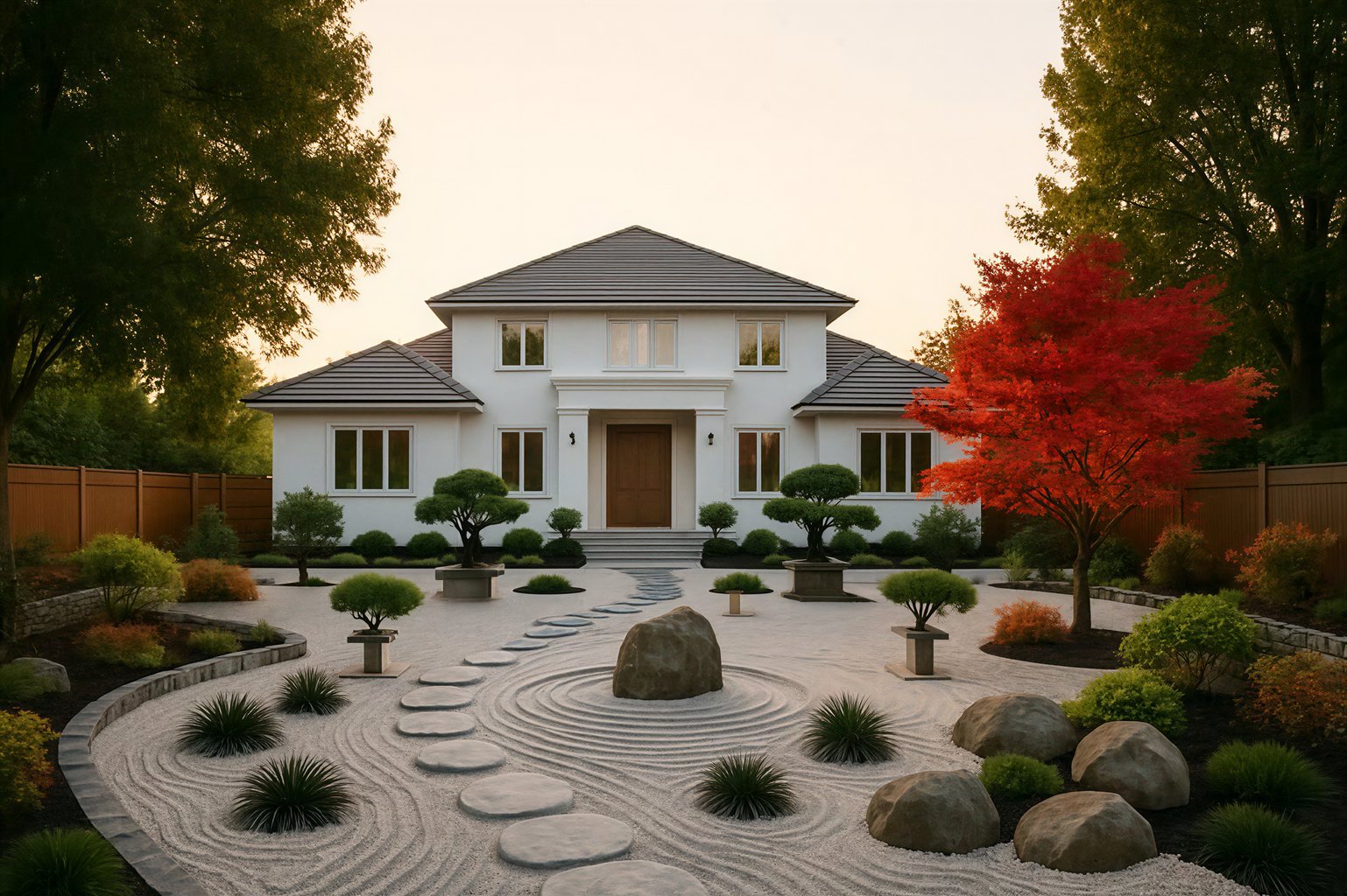 Japanese zen garden with manicured trees, raked gravel patterns, and a striking red maple tree.