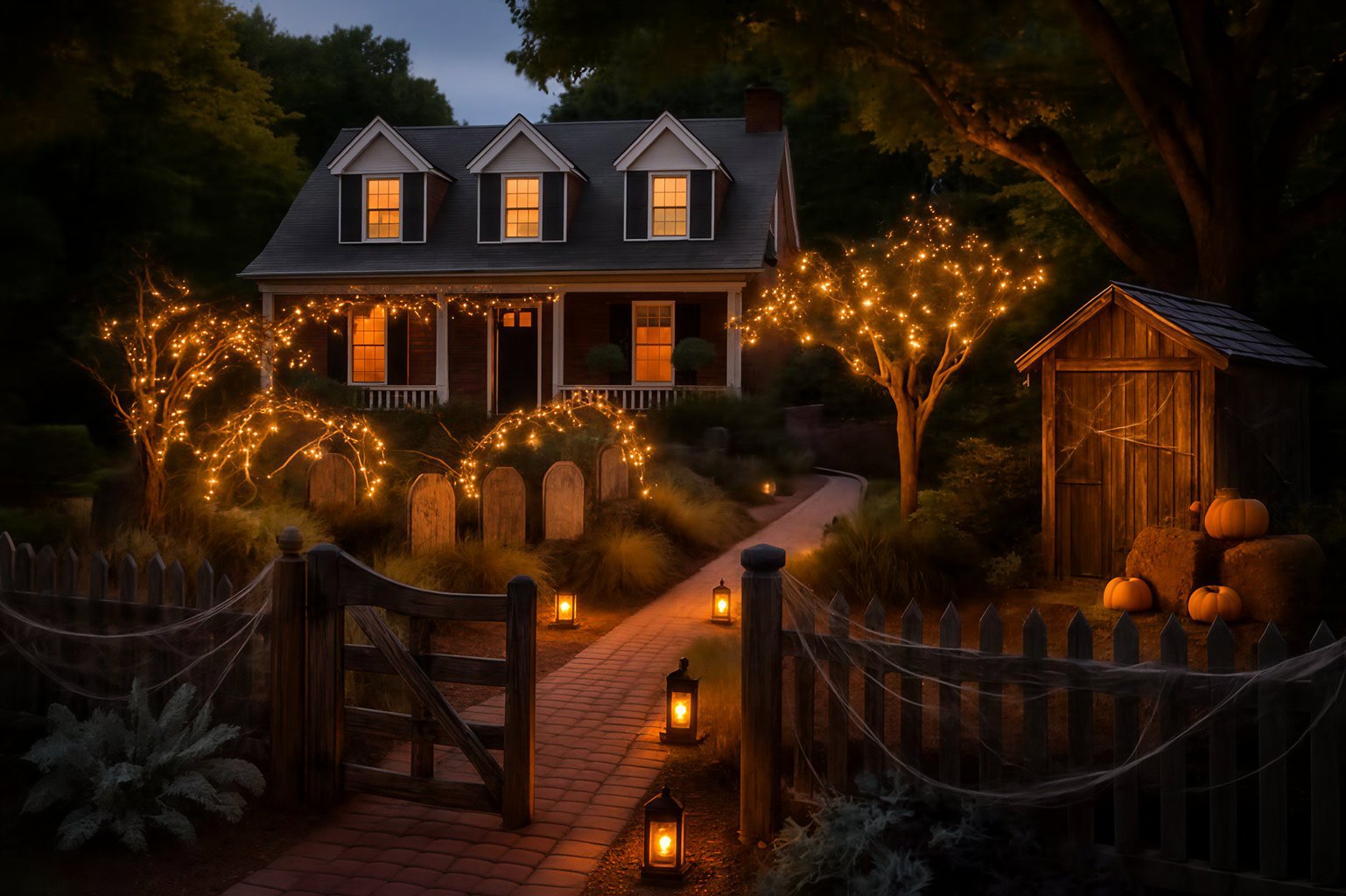 Charming house with Halloween decor, glowing lanterns, and warmly lit trees lining a brick pathway.