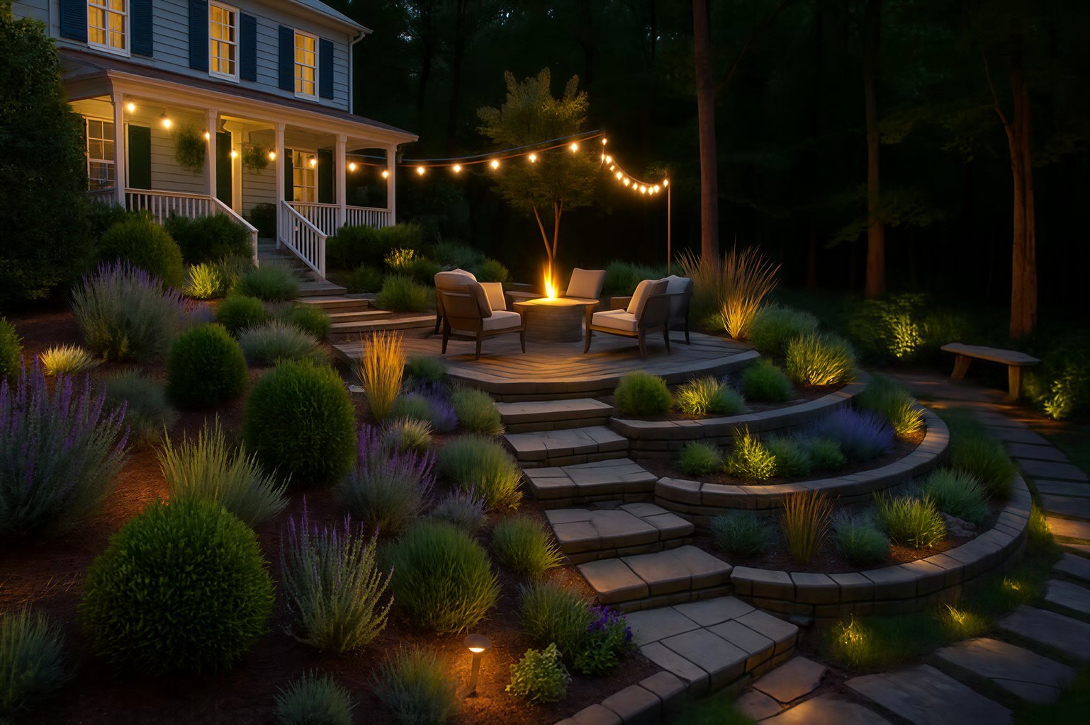 Cozy garden with tiered stone steps, ambient lights, and seating around a fire pit in front of a house.