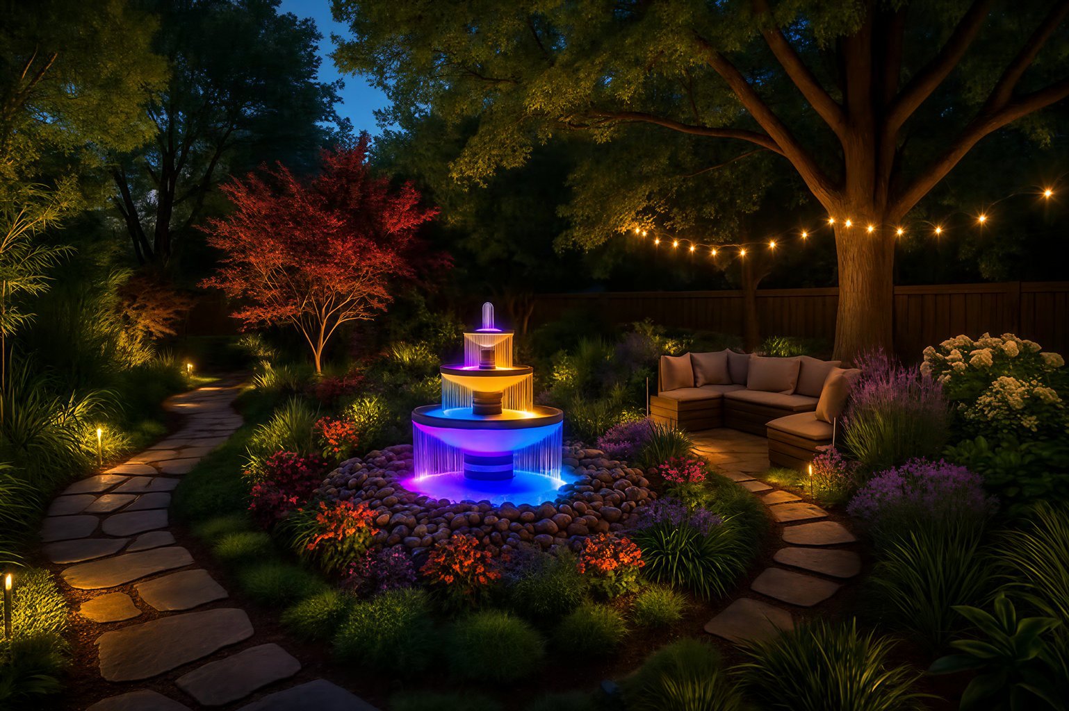 Illuminated fountain with colorful lights in a cozy garden, surrounded by trees and a stone pathway at night.