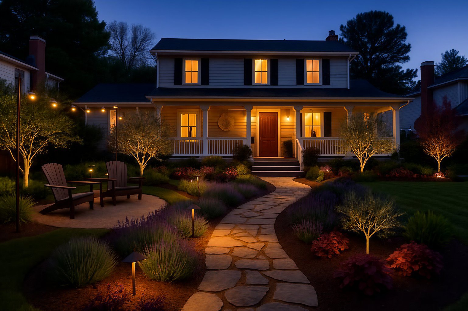 A cozy suburban yard at dusk with a stone path, warm lighting, and a charming two-story house.