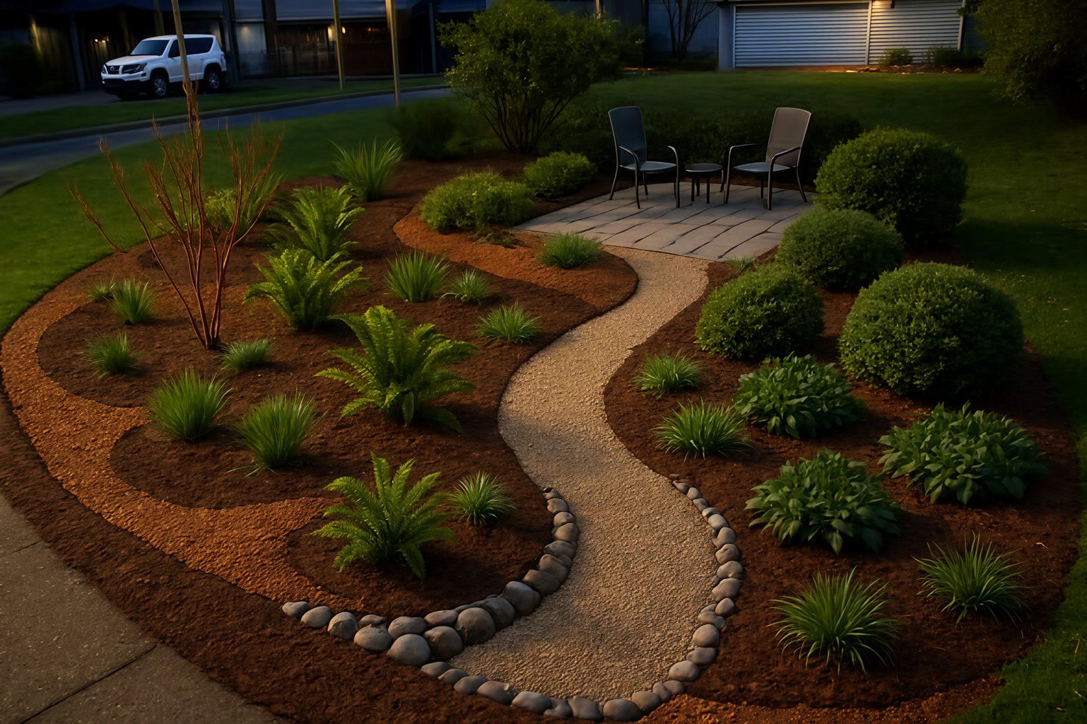Curved pebble pathway through a landscaped garden with a seating area, bordered by shrubs and ferns.