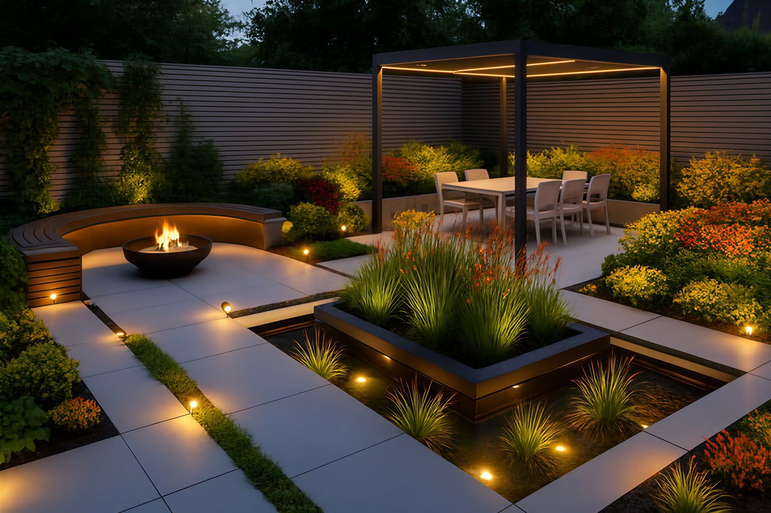 Modern garden with illuminated pathways, central pavilion, lush plants, and a cozy fire pit at dusk.