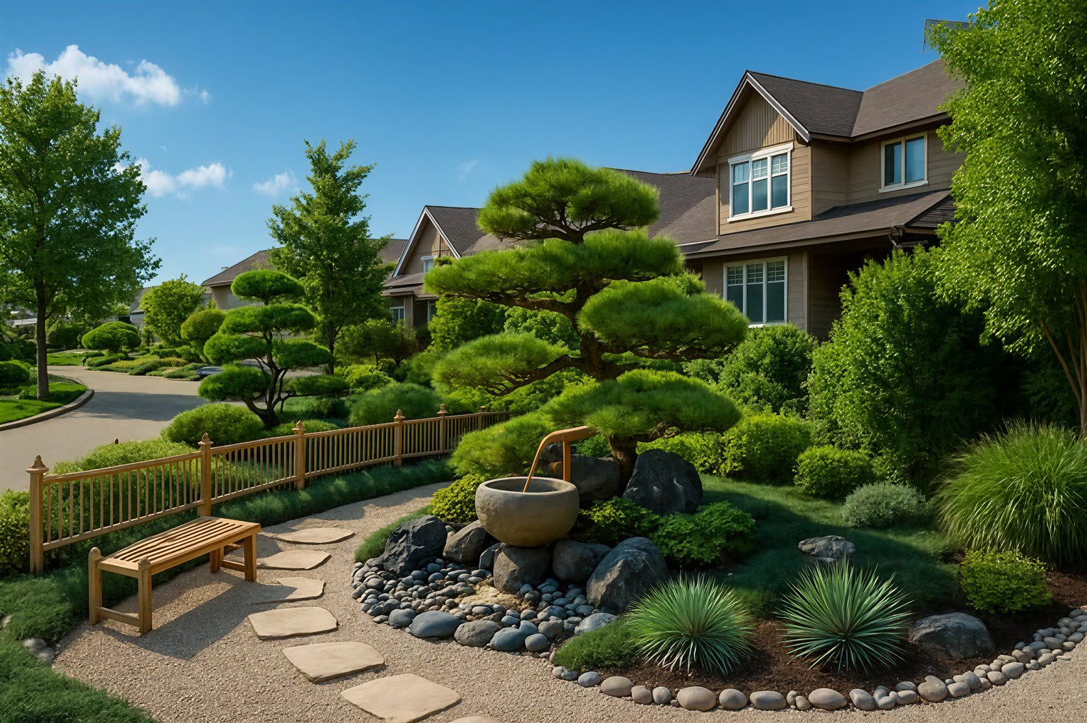 A serene garden with sculpted trees, a water basin, stone path, and neatly trimmed hedges.
