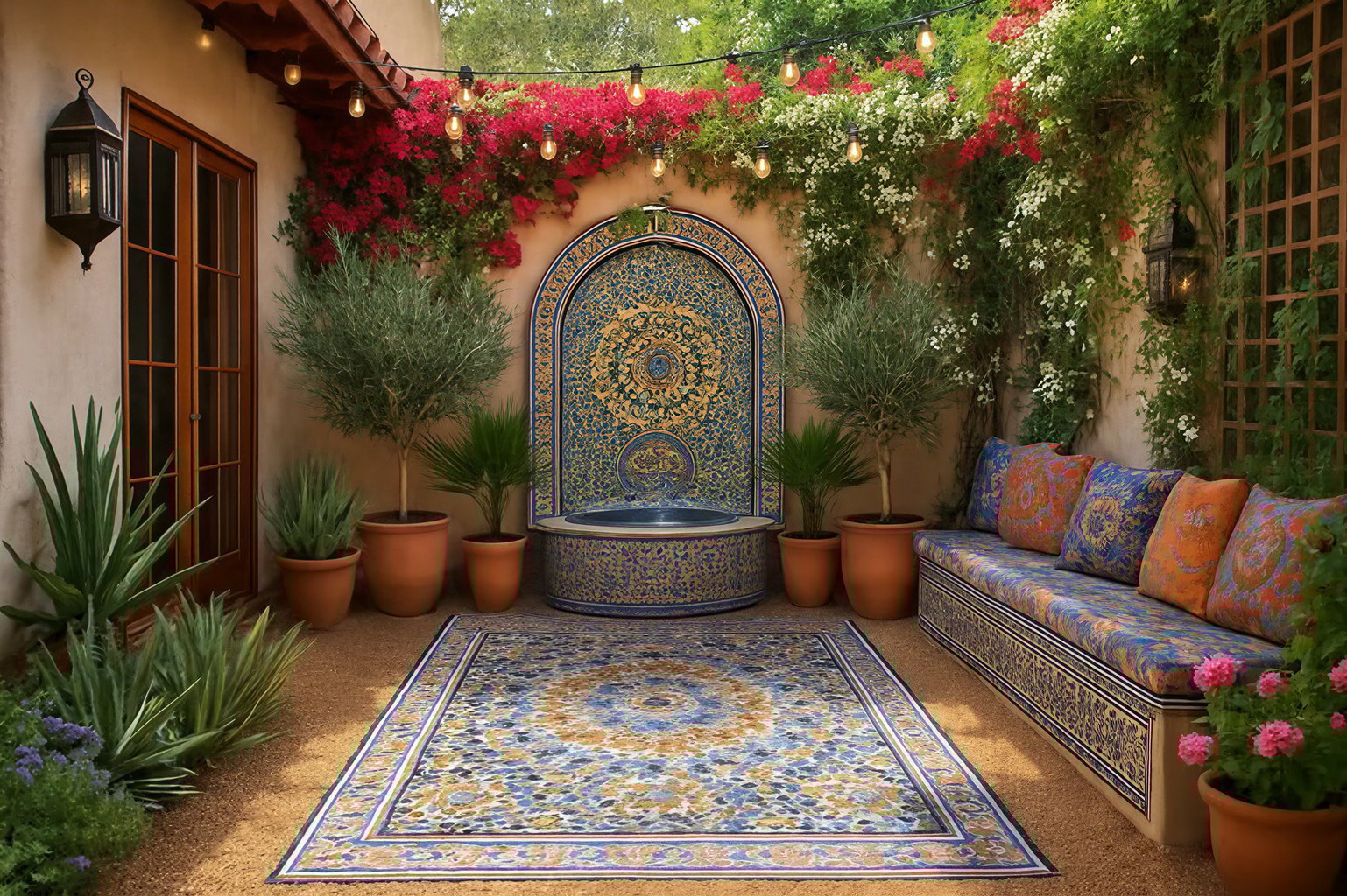 Mediterranean courtyard with a tile fountain, vibrant potted plants, and a cozy cushioned bench under string lights.