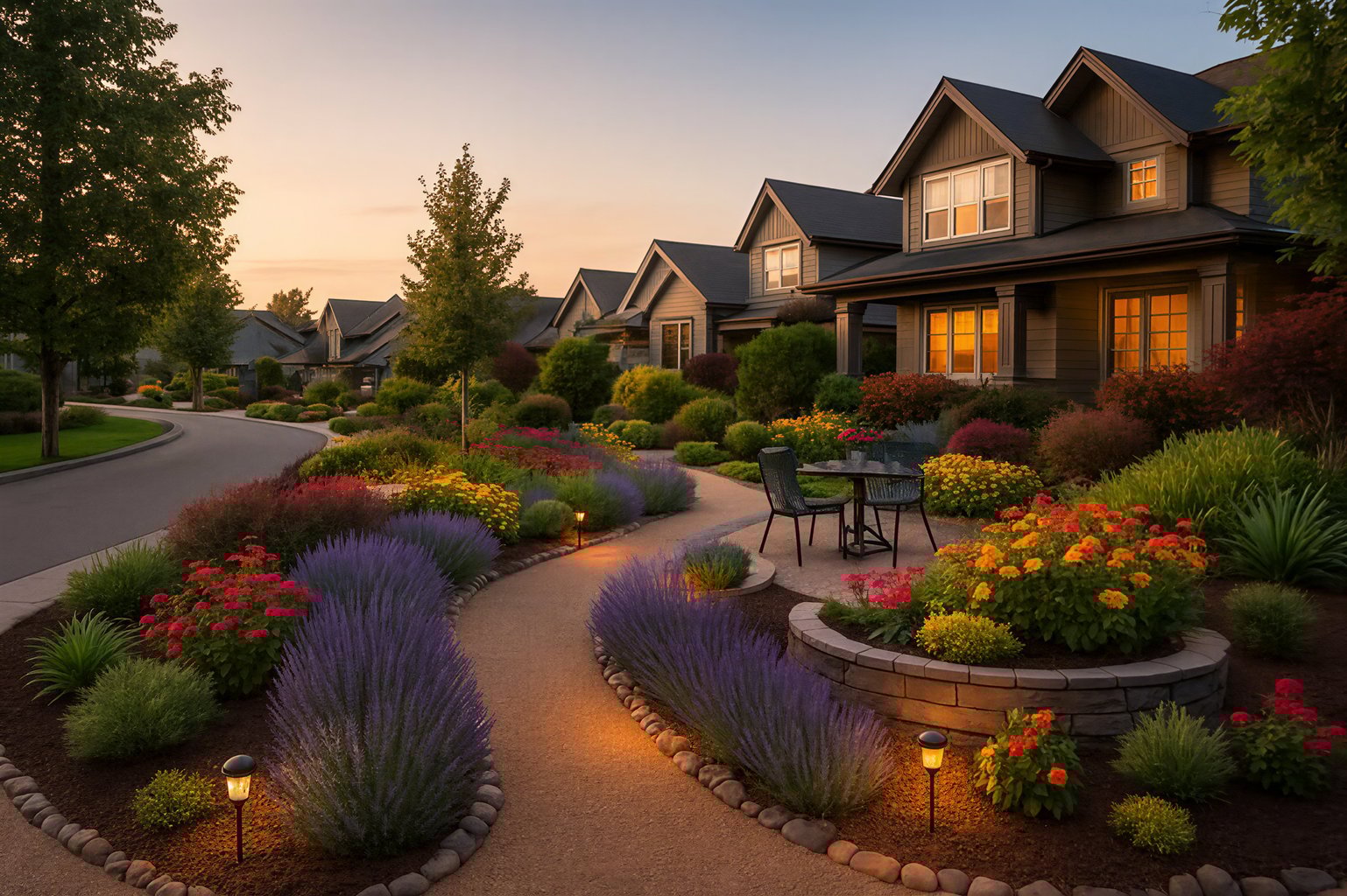 Beautiful suburban garden with colorful flowers, curved pathways, and cozy seating area at sunset.