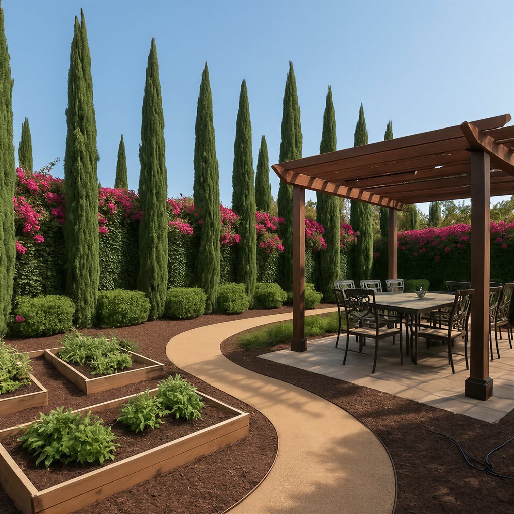A garden with a wooden pergola, dining set, tall cypress trees, and vibrant pink flowers.