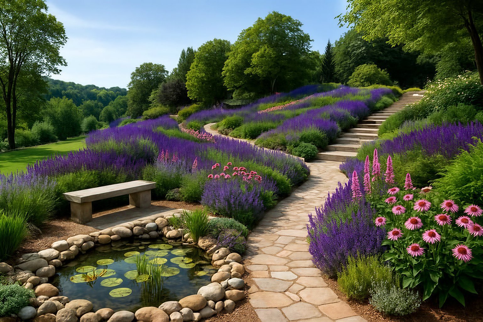A serene garden path with stone steps, vibrant lavender fields, and a tranquil lily pond beside a stone bench.