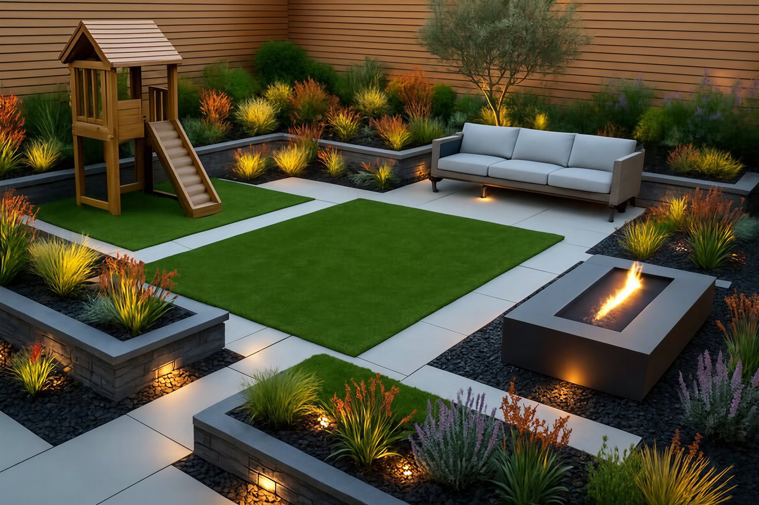 Modern yard with a playset, cozy seating, manicured plants, and a lit fire pit in an evening setting.