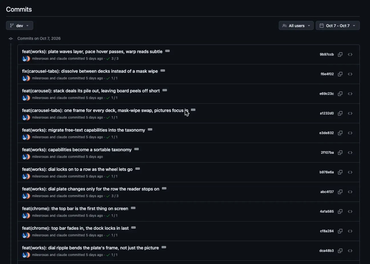 The GitHub commit list for the dev branch on 7 October 2026: eleven of the days 58 commits, each scoped to one area such as works, carousel-tabs or chrome, each landed from its own Conductor workspace.