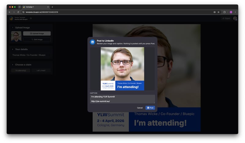 Screenshot of a Bluepic user creating a post for LinkedIn