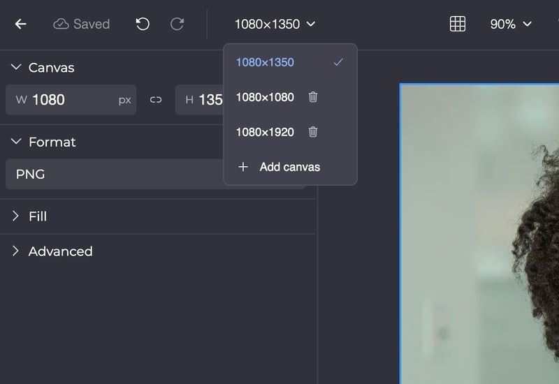 Screenshot of the canvas picker with several formats of one Template
