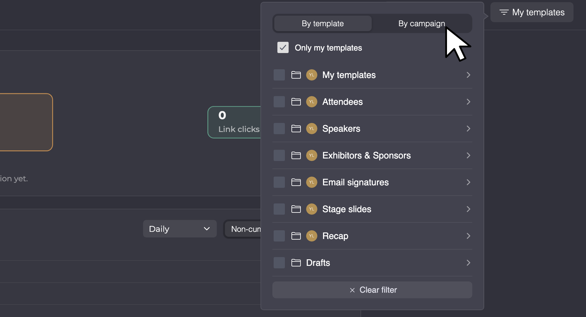 Filter menu with the By template and By campaign tabs, Only my templates and the folders.