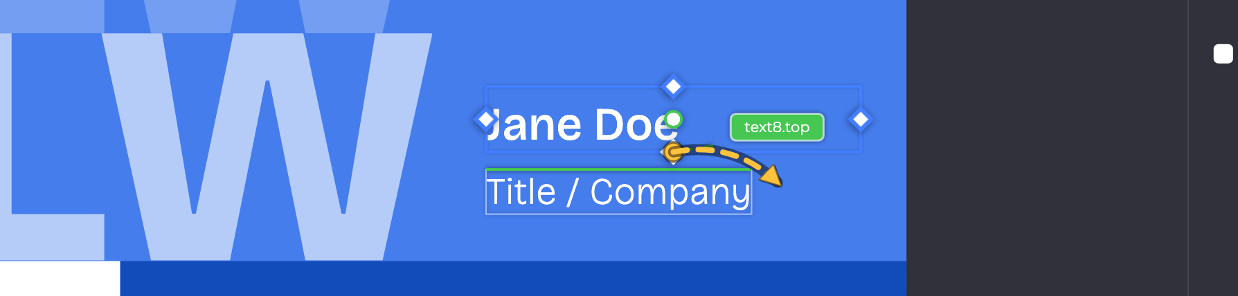 Anchoring tool in Edges mode while the name's bottom diamond is dragged: the top edge of the role lights up green, with its name text8.top next to it.