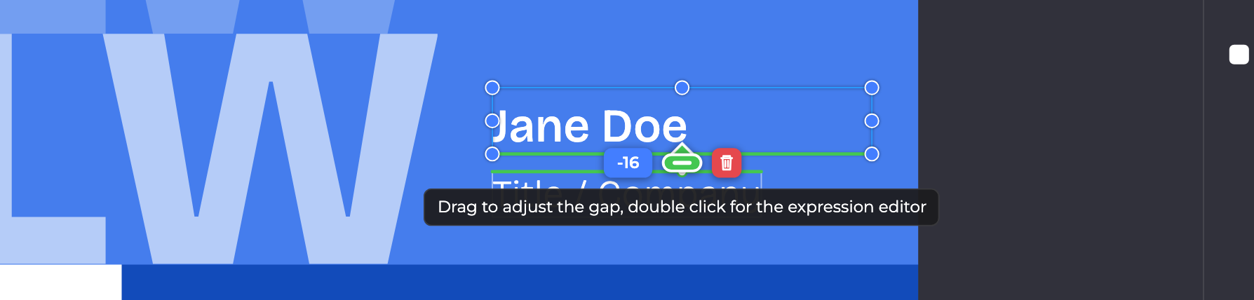 Name anchored to the top edge of the role: the green handle in between, the gap −16 on its left, the trash can on its right and the drag hint below.