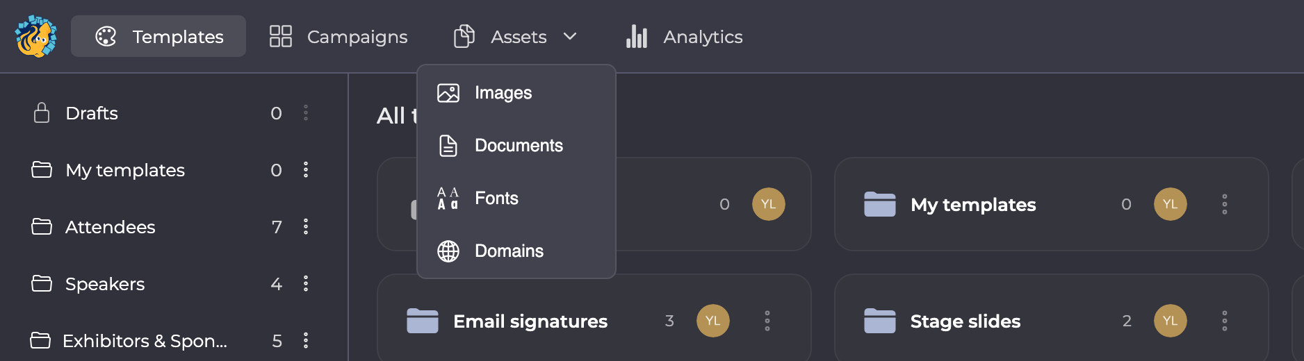 Assets menu in the Studio navigation with Images, Documents, Fonts and Domains.