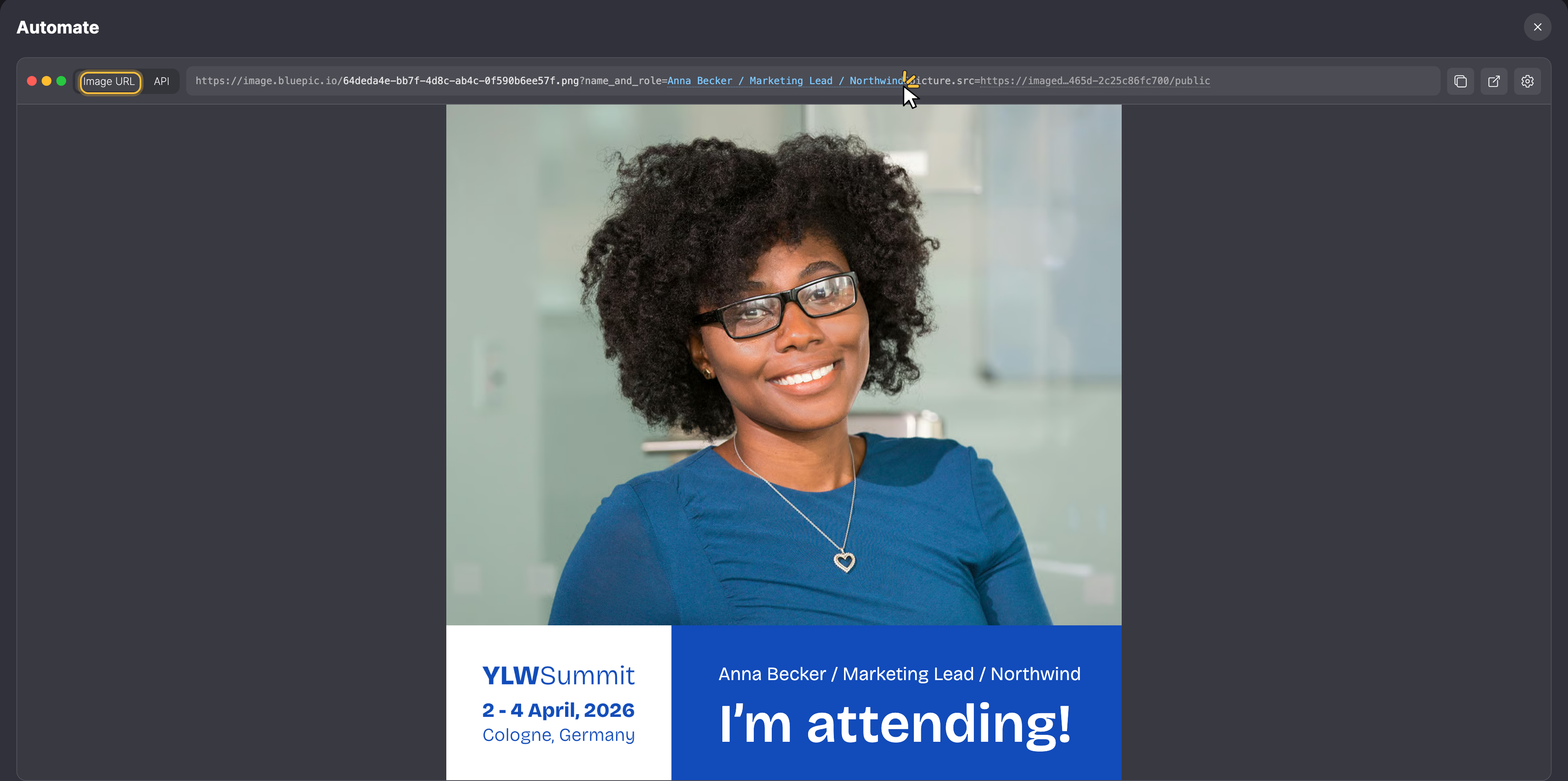 Automate in the Image URL tab: a value in the URL was changed and the live preview shows it.