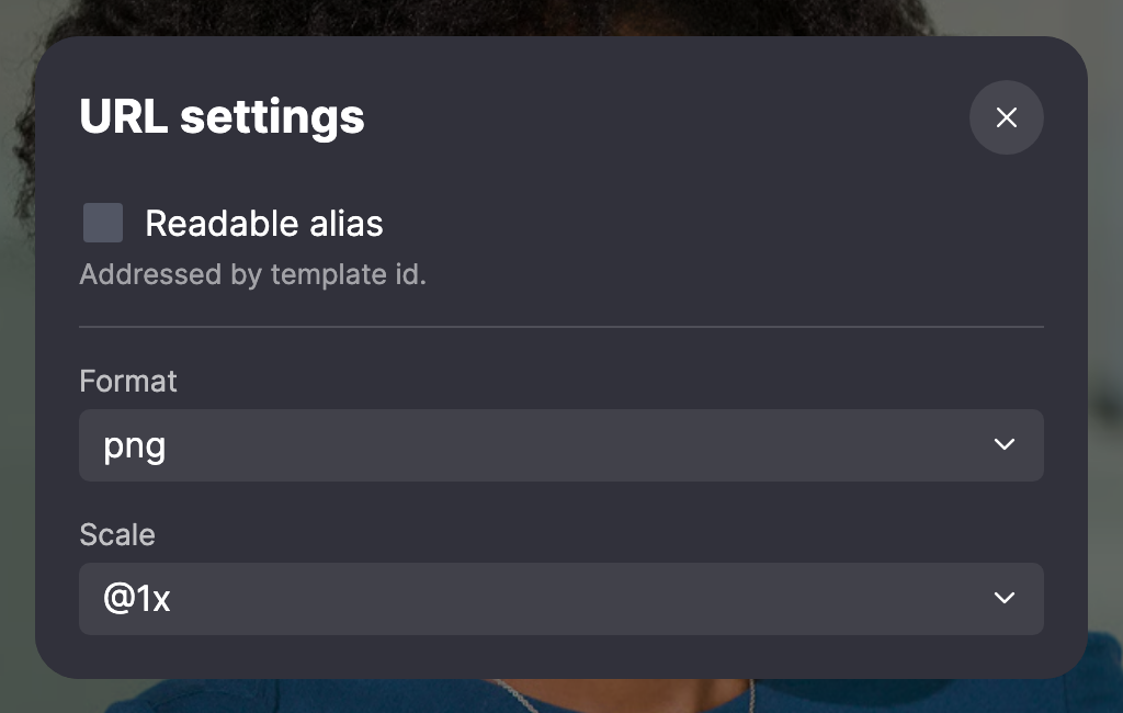 URL settings with Readable alias, Format and Scale.