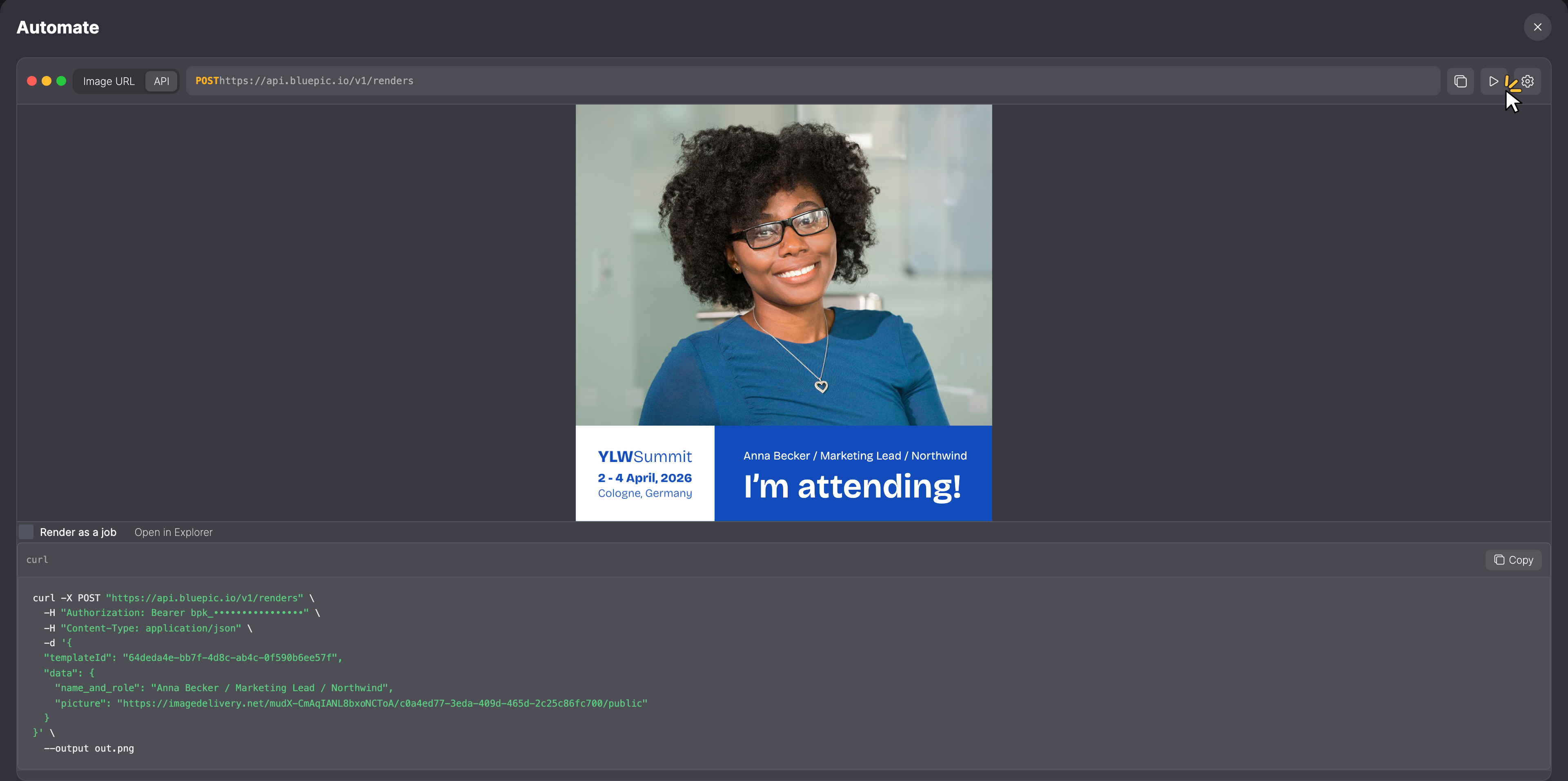 Automate in the API tab with the curl command; the key is hidden. The Send request button is marked.