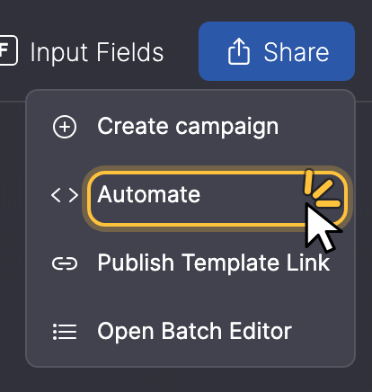 Share menu in the template editor with Automate highlighted.