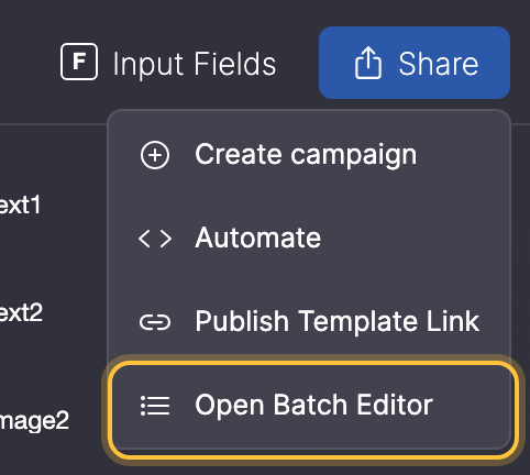 Share-Menü mit markiertem Open Batch Editor.