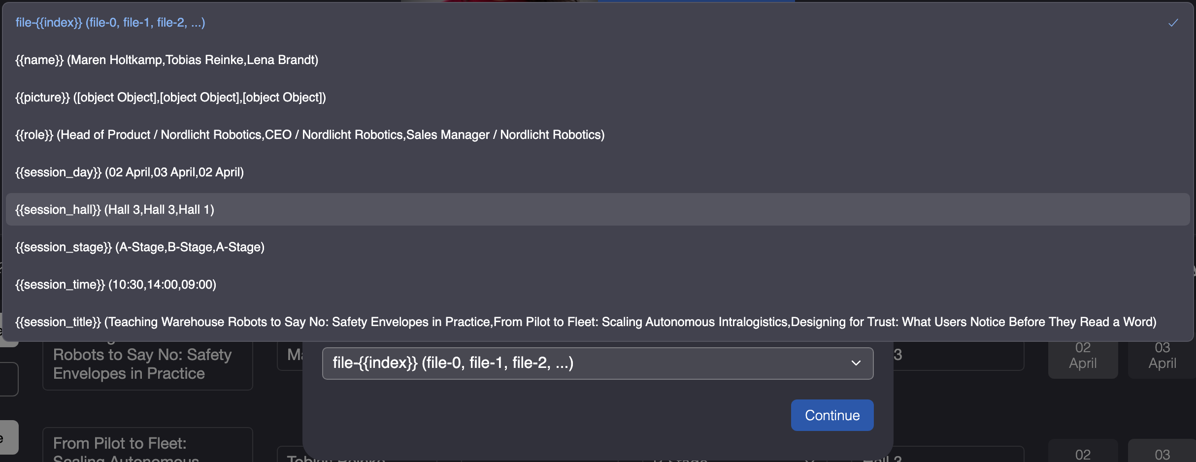 Popup File Name Convention mit geöffnetem Dropdown: die nummerierte Option und eine Option pro Input Field, darunter Continue.