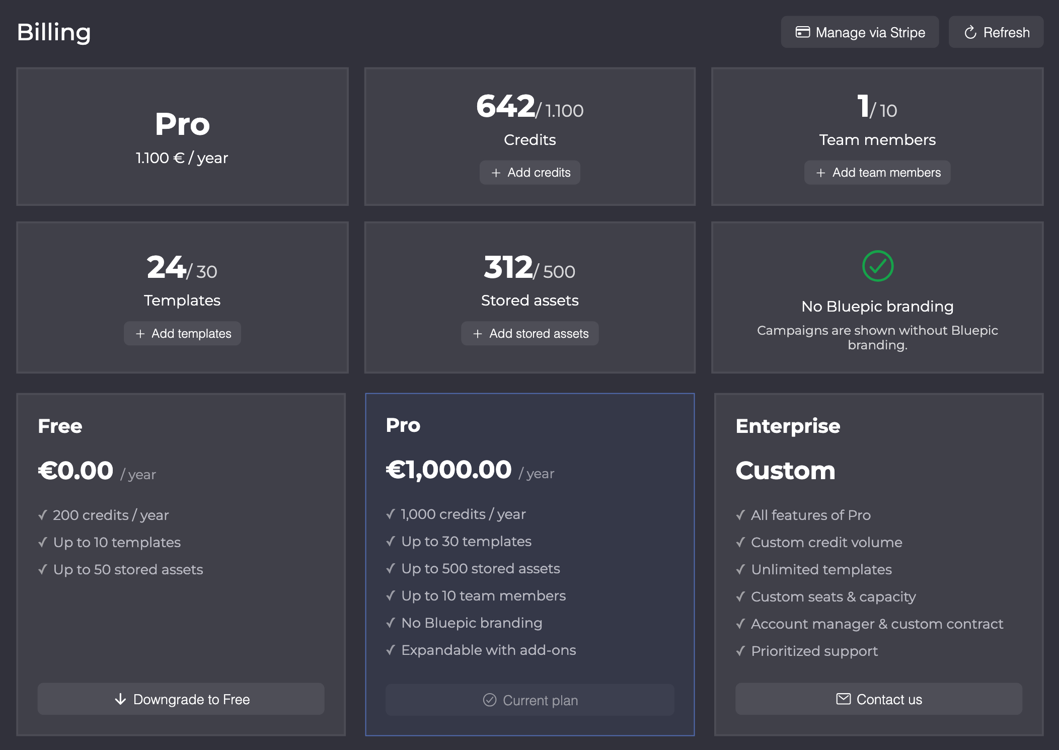 Billing of a Pro team with example data: tiles for plan, credits, team members, templates and stored assets with the buttons to buy more, below them the Free, Pro and Enterprise cards.