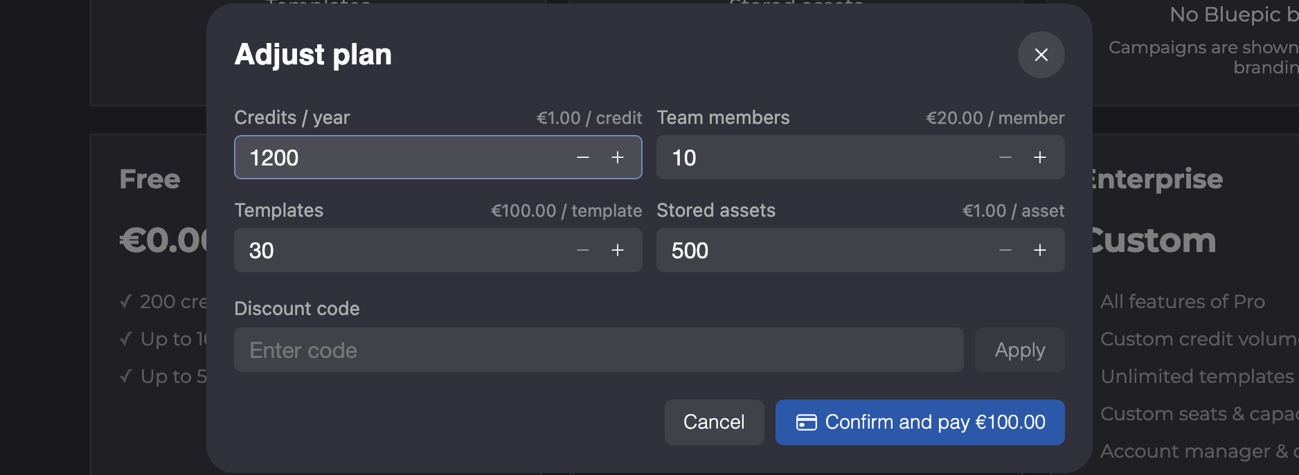 Adjust plan popup with example values: Credits / year raised to 1200, Team members, Templates, Stored assets, below them Discount code and Confirm and pay with the amount.