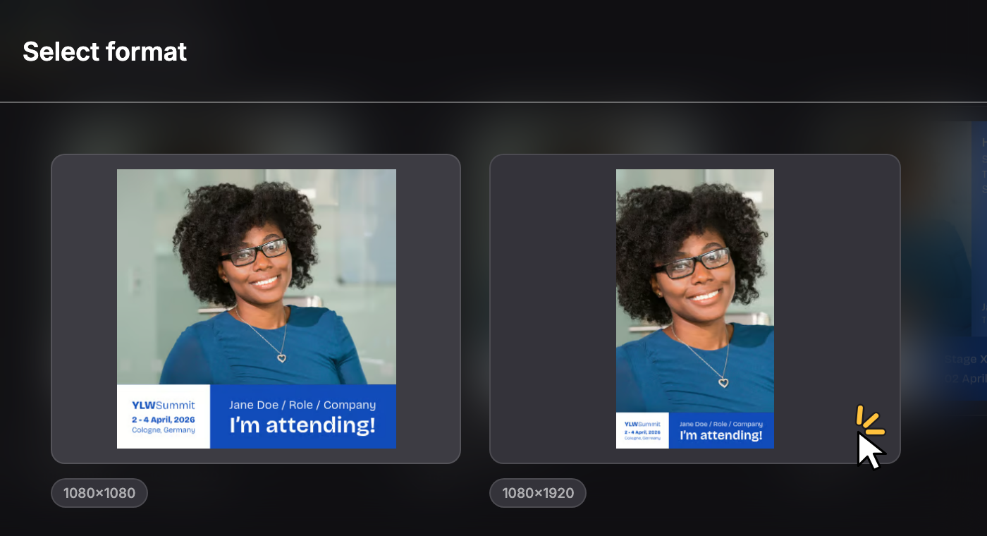 Select format popup in the design generator with two sizes of the same template.