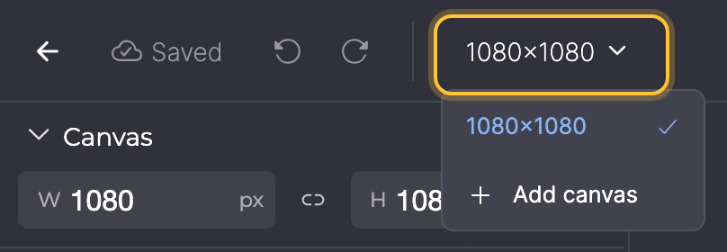 Toolbar with the canvas picker highlighted and open: the 1080×1080 canvas and Add canvas.