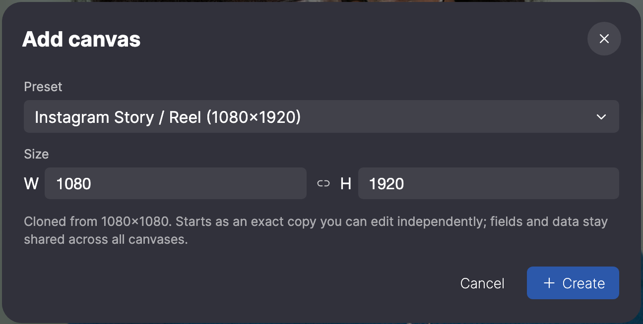 Add canvas popup with Preset, the size fields and the note that input fields and data stay shared.
