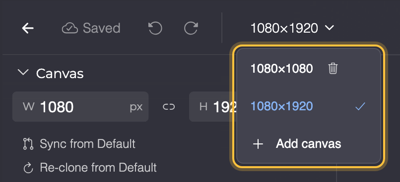 Toolbar with the canvas picker open and highlighted: the 1080×1080 and 1080×1920 canvases and Add canvas below.