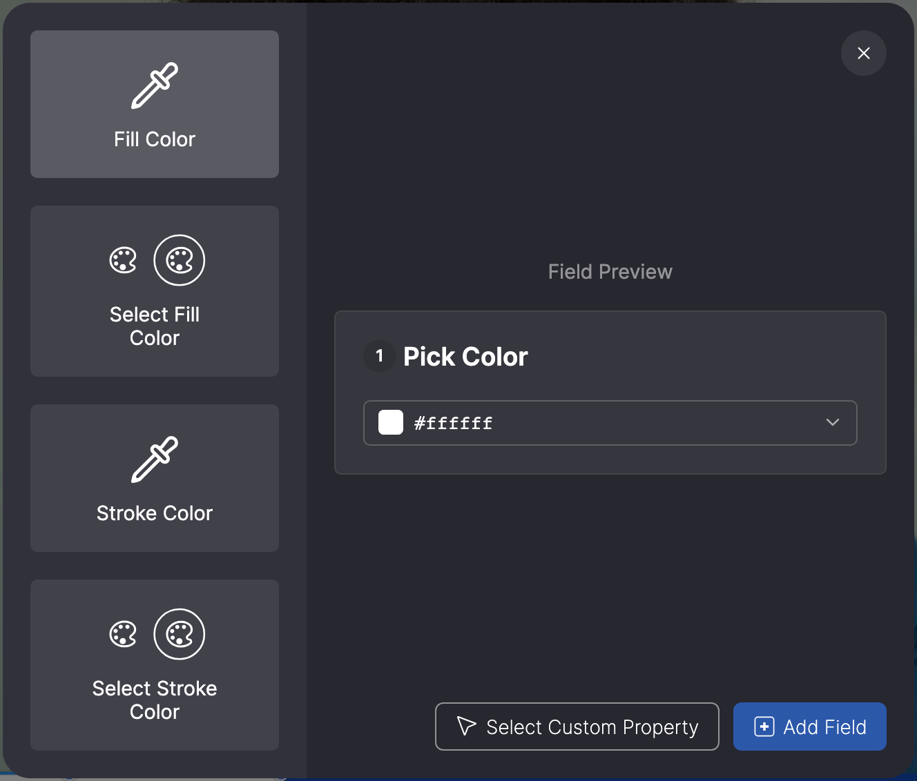 Popup for a rectangle with Fill Color, Select Fill Color, Stroke Color and Select Stroke Color, and a preview of the input field on the right.