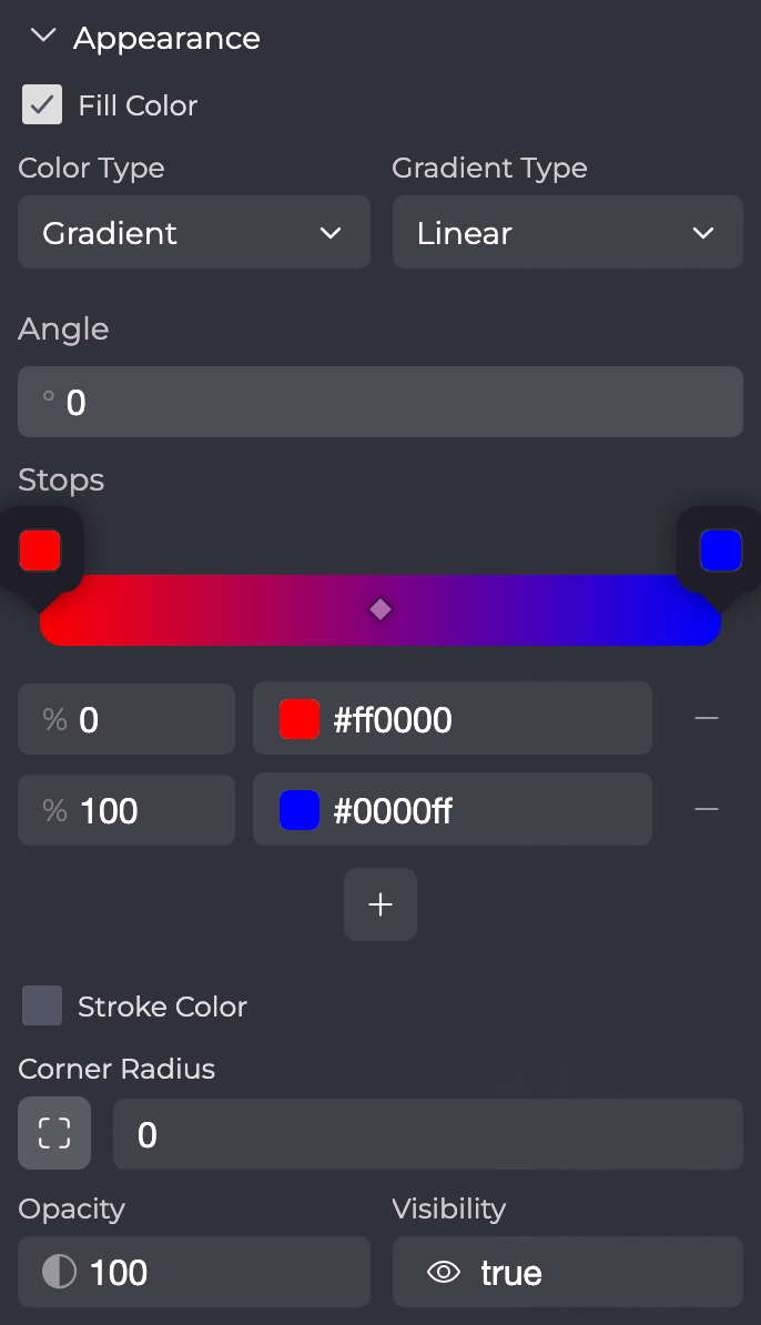 Appearance-Abschnitt mit Color Type Gradient: Gradient Type Linear, Angle, die Stops-Leiste mit Midpoint-Raute und die Liste der Stops.