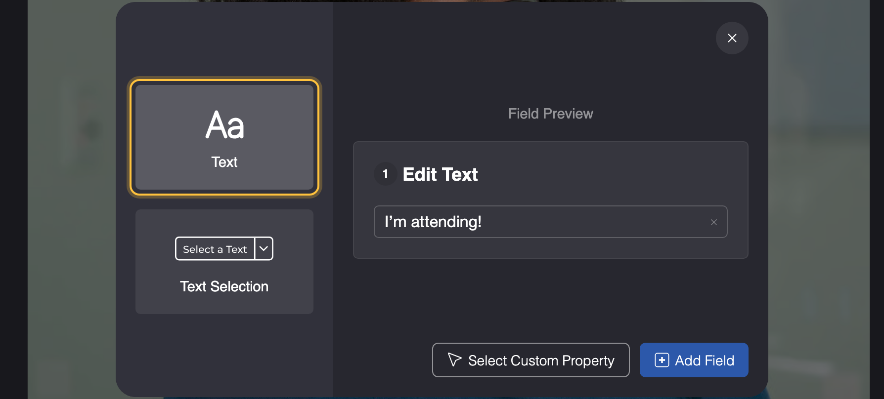 Popup for a text element with the Text field type highlighted and Text Selection below it, the Field Preview on the right.