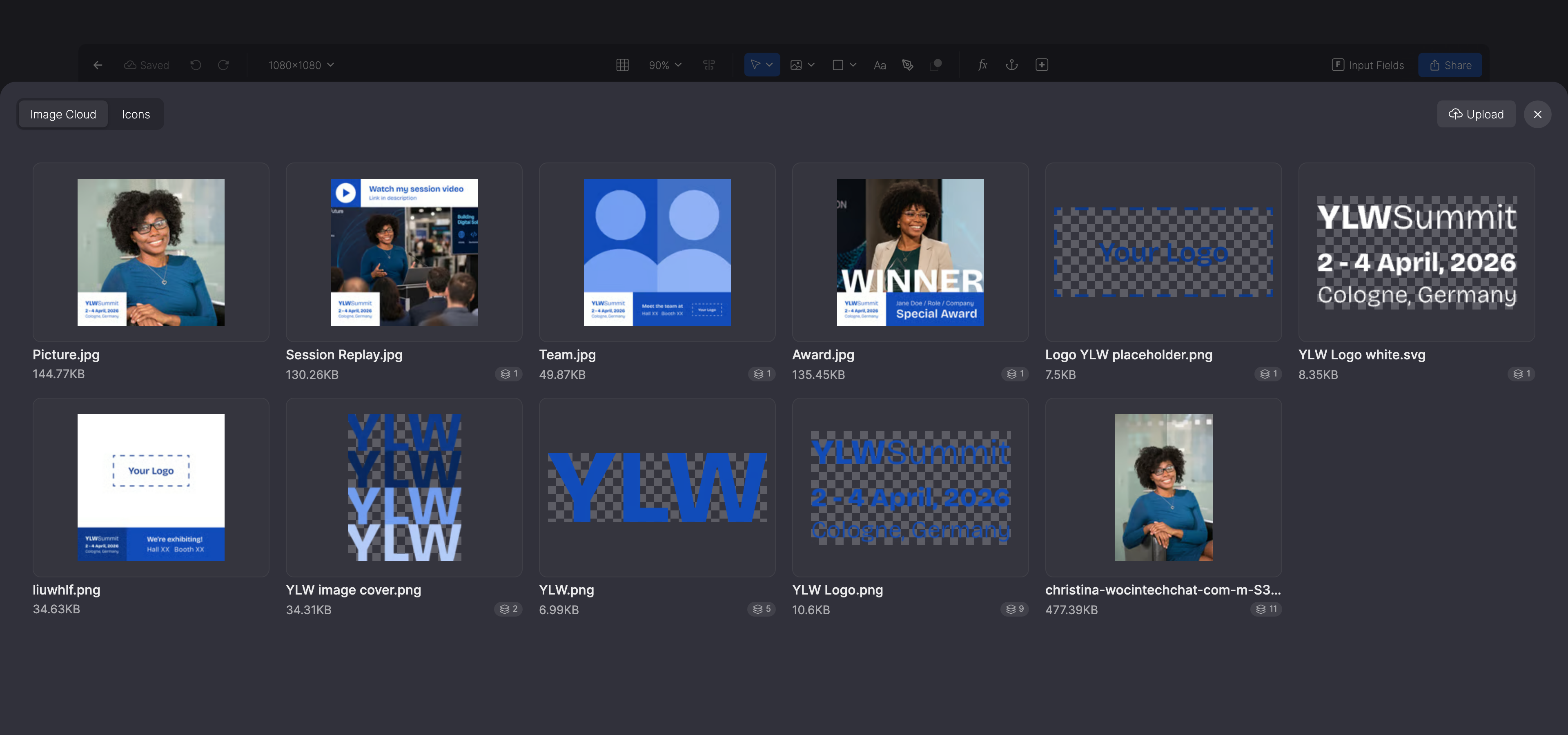 Image Library popup with the uploaded images, the Icons tab and the Upload button.