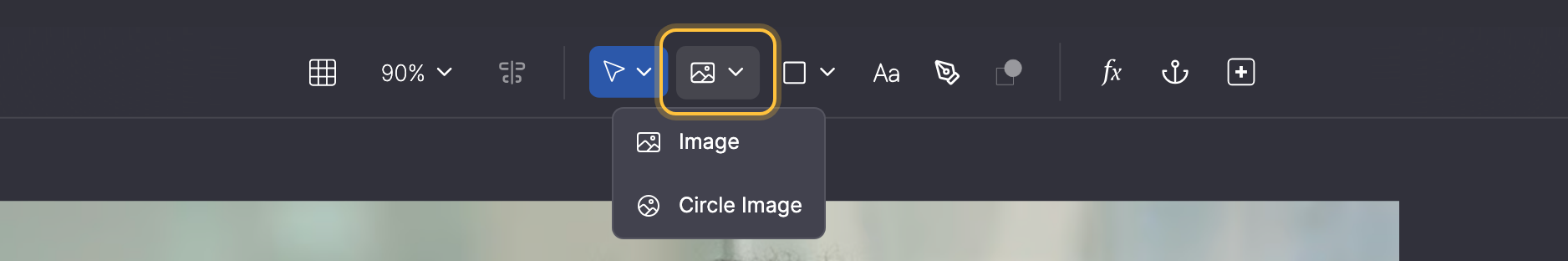 Toolbar with the image tool highlighted and its menu with Image and Circle Image.