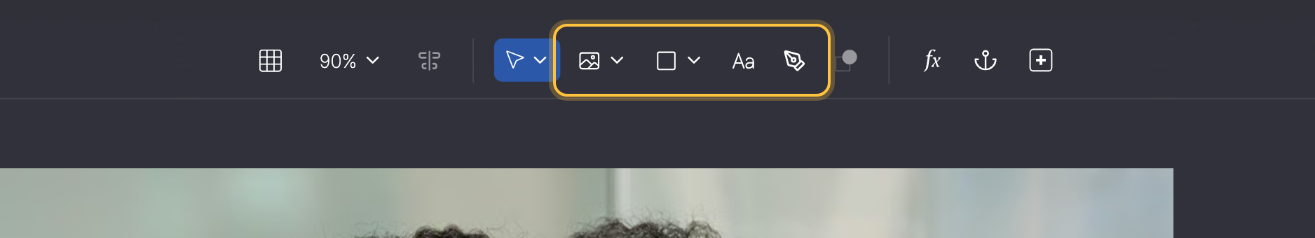 Toolbar at the top of the template editor. Highlighted: the tools for images, shapes, text and paths.