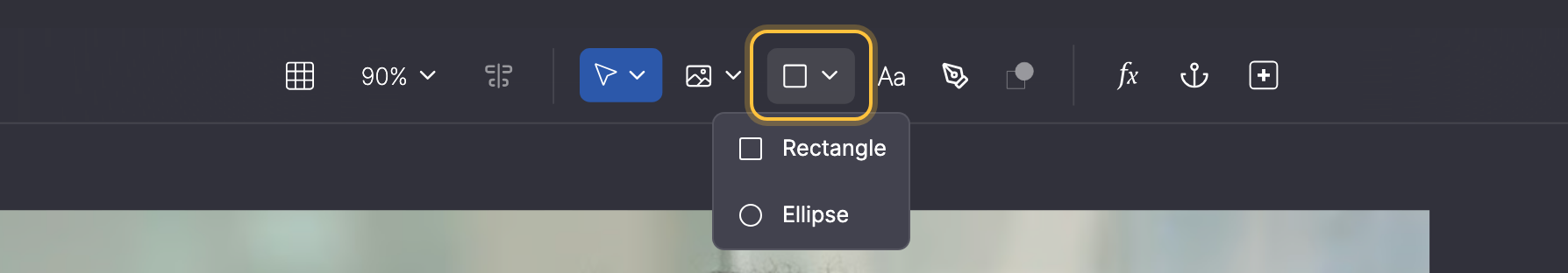 Toolbar with the shape tool highlighted and its menu with Rectangle and Ellipse.