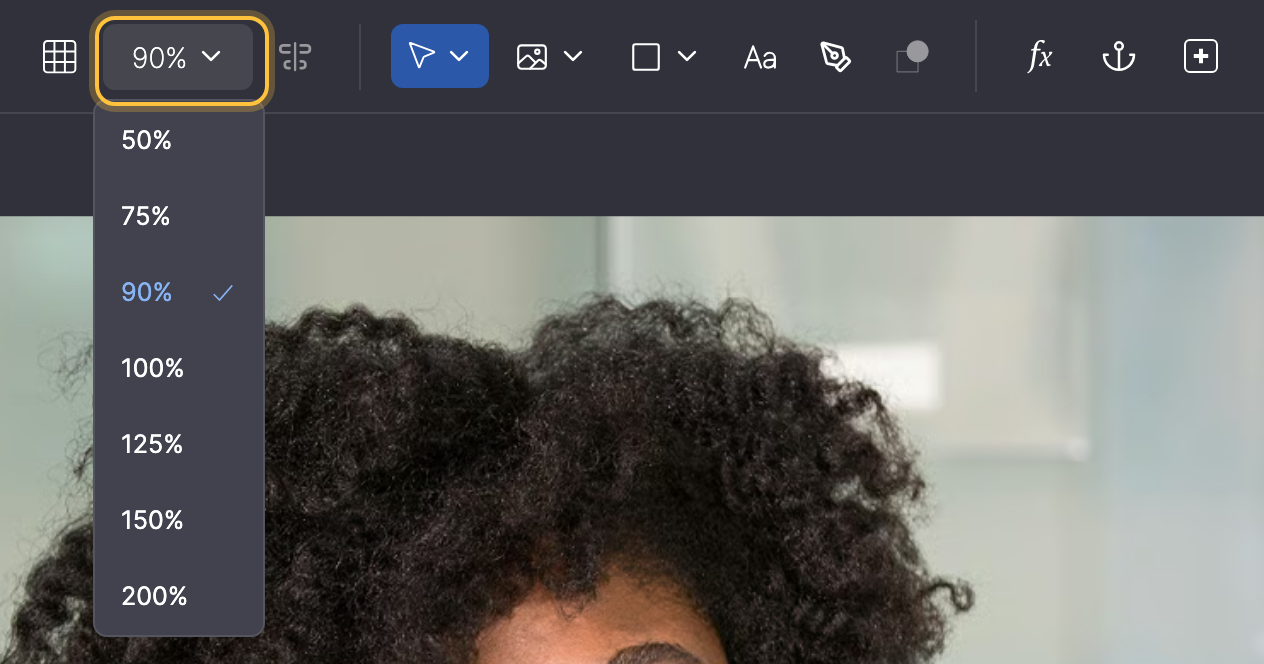 Toolbar with the zoom menu highlighted and open: 50% to 200%.