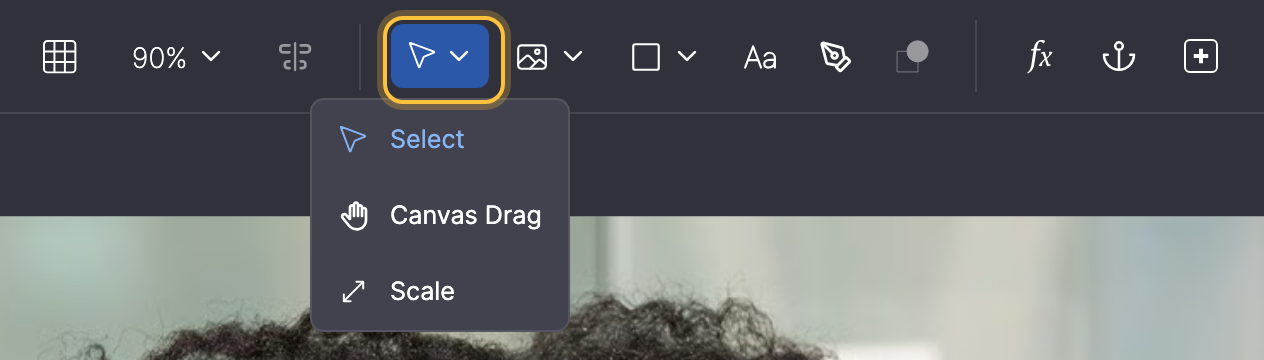 Toolbar with the cursor menu highlighted and open: Select, Canvas Drag and Scale.