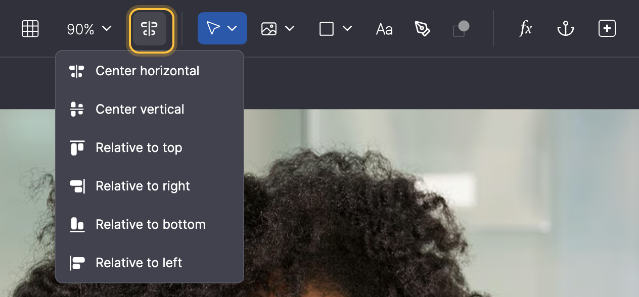 Toolbar with the align button highlighted and its menu open: Center horizontal, Center vertical and Relative to top, right, bottom and left.