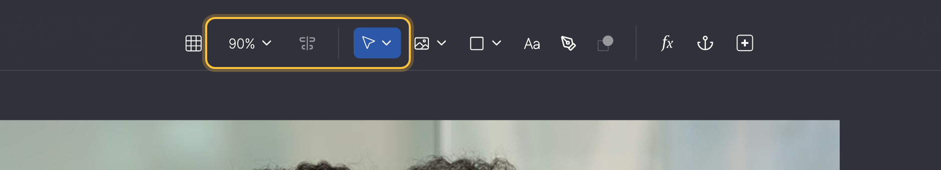 Middle of the toolbar with the zoom button (90%), the align button and the cursor button highlighted in one frame.