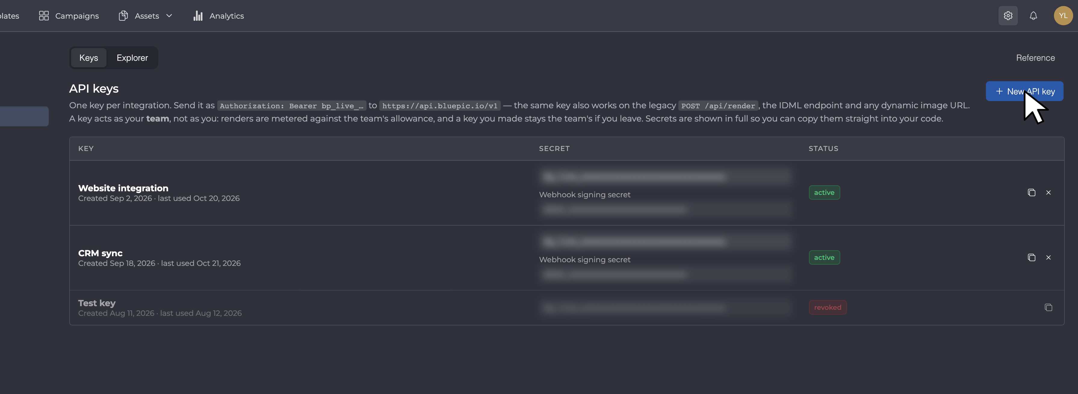 Settings → Developer → Keys with the New API key button and the key list; secrets are hidden.
