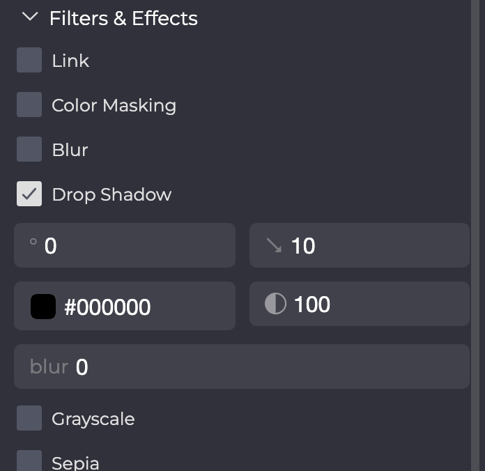 Filters & Effects section with Drop Shadow ticked and its settings for angle, distance, color, opacity and blur.